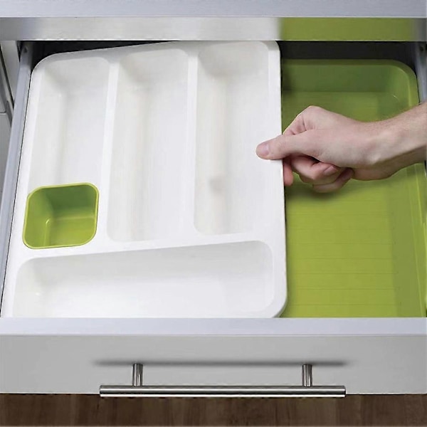 Udtrækkelig bestikbakke i plast til skuffe, holder til opbevaring og organisering af skeer, toiletartikler til hjem og køkken, soveværelse og badeværelse, multifunktionel