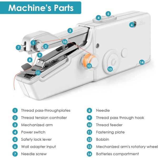 Symaskine, håndholdt mini symaskine, ledningsfri bærbar E