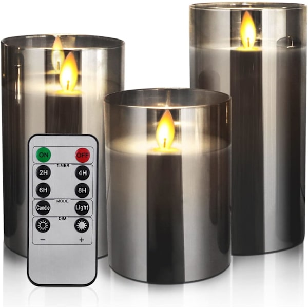 3 Flammeløse Lys 10-15cm Elektriske Lys Grå Glas Søjler