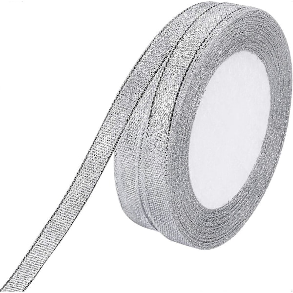 2 pakkausta 10 mm x 22 m hopeanväristä organzanauhaa, hienoa kimaltavaa glitter-nauhaa tee-se-itse-askarteluun, lahjojen paketointiin, festivaalikoristeluun (hopea, 10 mm (3/8\"))