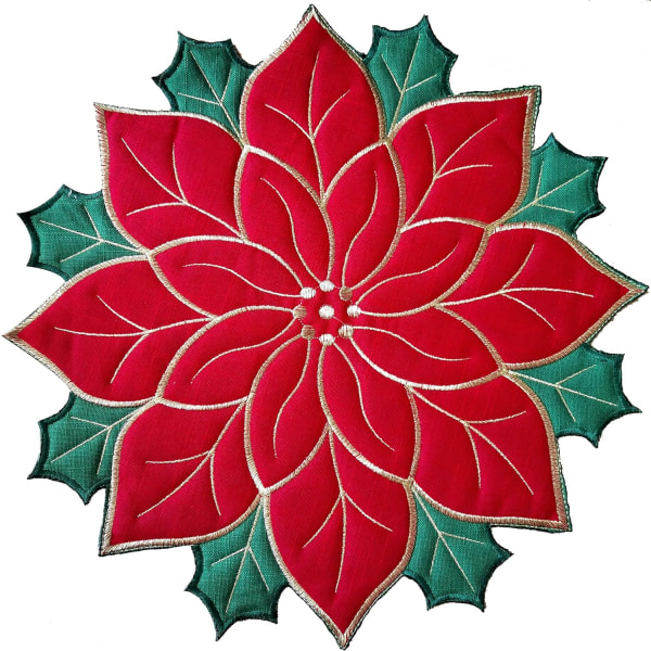 /#/Placeringsmåtter Sæt af 4, Applique Poinsettia Rød med Grøn Embroi/#/