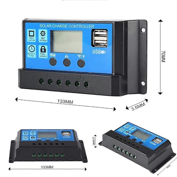 30A 12V/24V PWM Solar Opladningsregulator USB Port LCD Display
