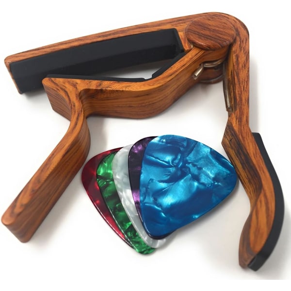 Gitarrkapo med 5 plektrum (träfärg) - 75*80mm, Legering Gitarrkapo