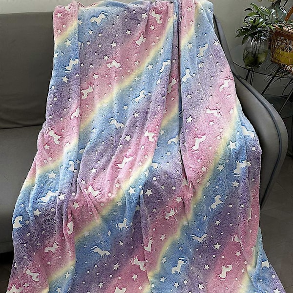 Självlysande Regnbågsenhörningsfilt 127*152CM, Mjuk Flanell för Säng Soffa för Barn och Tonåringar