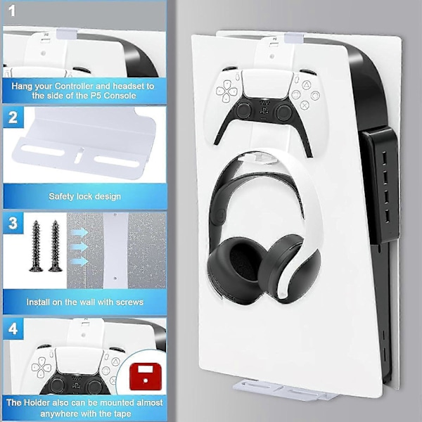 Auniq PS5 Veggfeste Brakett For Playstation 5 (disk Og Digital Utgave) Robust Stål Med Kontrollerholder & Hodetelefonhenger Skruer Svamp Hvit