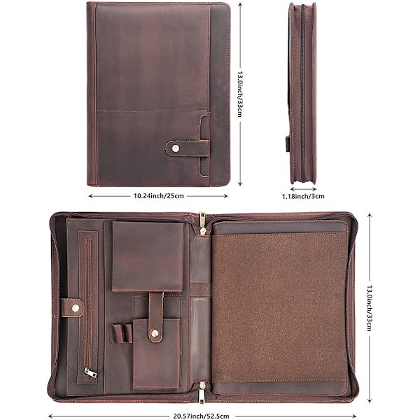 #Personlig A4-mappe Læder A4-mappe med lynlås Notesblokholder Foldbar Organizer Mørkebrun Gave til mænd#