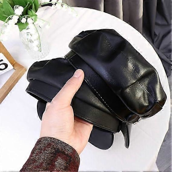 PU Läder Dam Newsboy Kepsar, Baskerhatt med Skärm för Trendiga Damer Flickor, Litterär Cool Målarmössa Svart