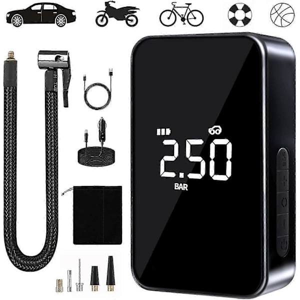 Bærbar luftkompressor, Mini elektrisk pumpe, Elektrisk cykelpumpe, Kompressor med LED-lys, digitalt display og USB C-port