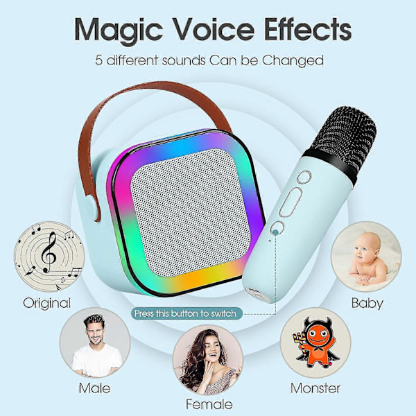 Karaokemaskine til børn og voksne, mini bærbar Bluetooth-karaokehøjtaler med 2 trådløse mikrofoner og dynamisk lys