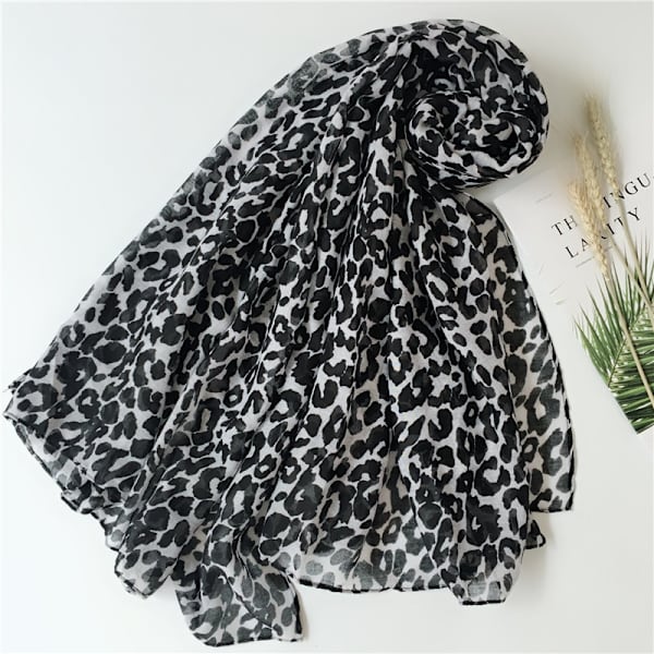 #Sort hvid leopard print silkesk tørklæde, trykt tørklæde 180*90cm#