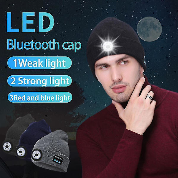 #Bluetooth strikket hue, udendørs lyshue, led lys, musik, sort#