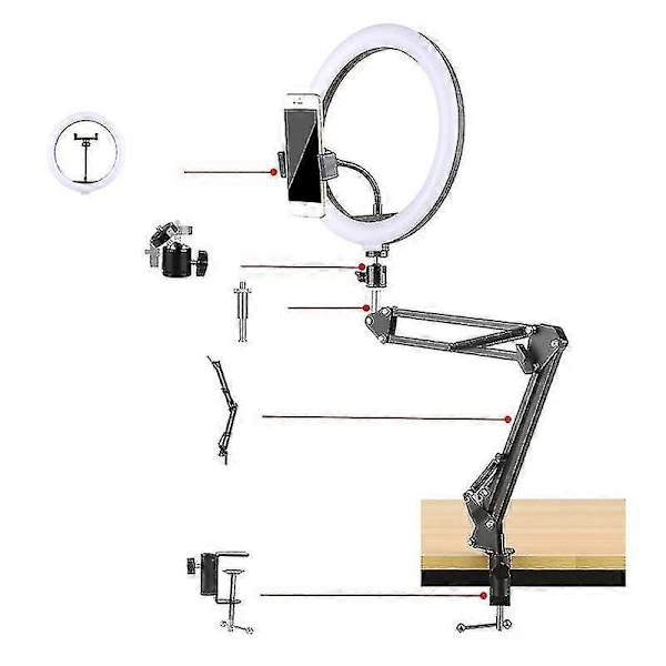 10 tums LED Selfie Ring Light Förlängningsbar Arm Stativ Skrivbords Telefonfäste