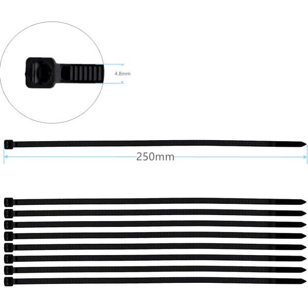 *Återanvändbar kabelbindare i plast, 250 mm x 7,6 mm, återanvändbara kabelbindare,*