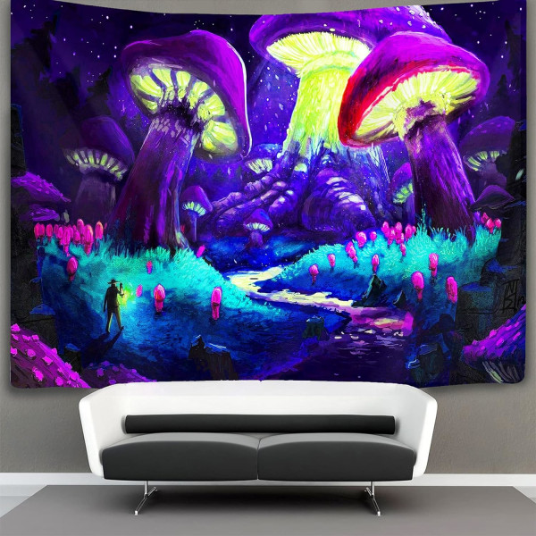 Cool mushroom tapestry Wall hung hippie art Black light tape