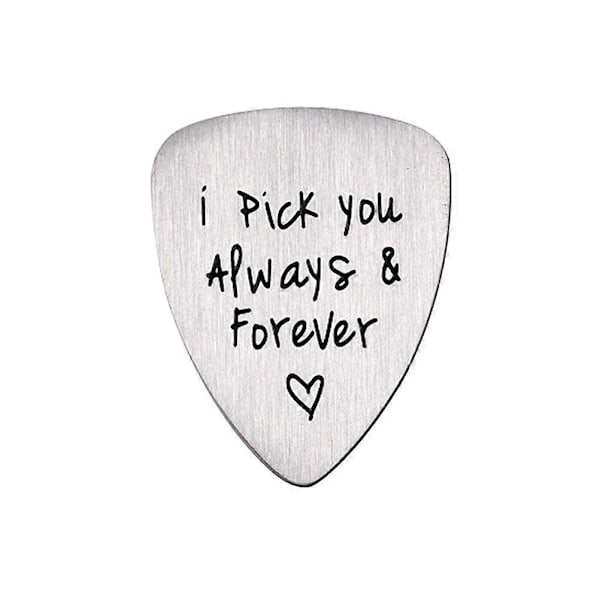 Gitarrplektrum i titanstål med gravyr I Pick You Always & Forever, ukuleleplektrum, musikinstrumenttillbehör