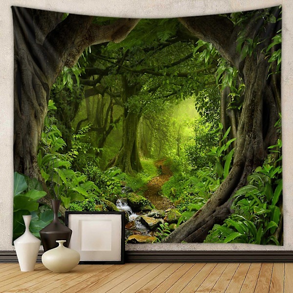 Jungfrulig skog Gobeläng Grönt träd i dimmig skog Gobeläng Väggbonad Naturlandskap Väggbonad Dekor för Vardagsrum Sovrum B150 cm