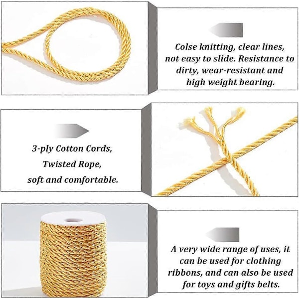 5 mm Guldsnor Twine Reb 3 Flettet Snor Tråd Dekorativ Snoet Satin Polyester Snøre Tråd til Boligindretning Polstring