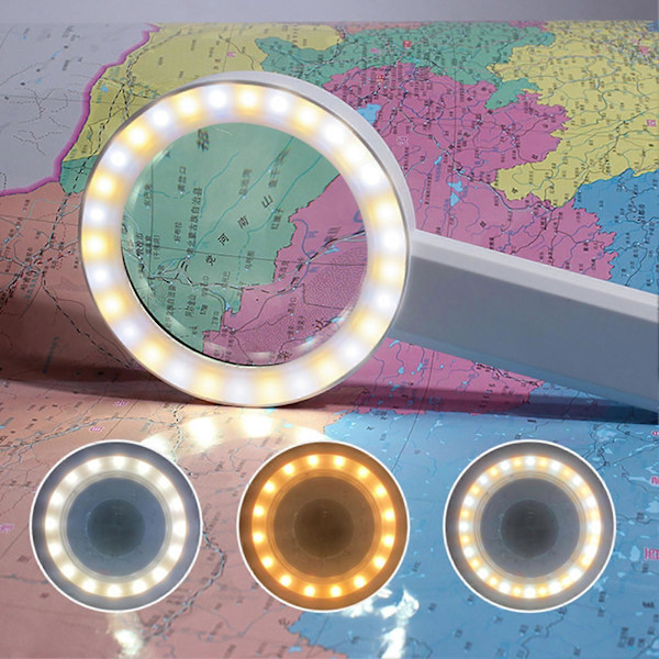 LED Håndholdt Forstørrelsesglass 3X 5X 10X 3 Lysfarger Oppladbar Håndholdt Leseforstørrer