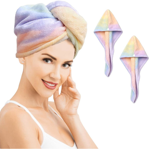 2-pack Mikrofiber Hårhandduk, Snabbtorkande, Superabsorberande, Med Knapp