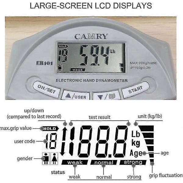 Camry Digitaalinen Puristusvoimamittari Dynamometri Automaattinen Tallennus 90 kg/200 lbs 19.5*12.5*3m (harmaa)