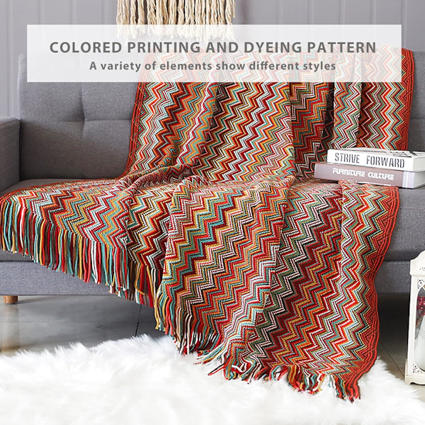 Strikkede tæppe med frynser, tæppe i houndstooth-mønster, boho