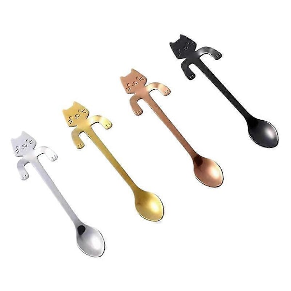 4-pack Katt Sked Kaffe Tesked Set, Rostfritt Stål Hängande Kopp Teskedar Mini Lång Söt Kattunge Omrörningssked