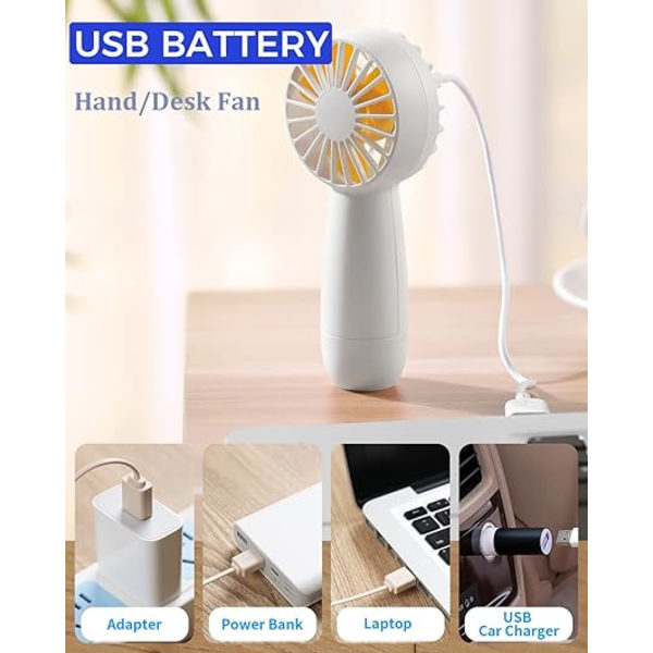 Vit Handhållen Fläkt, Bärbar Mini Handfläkt USB Laddningsbar