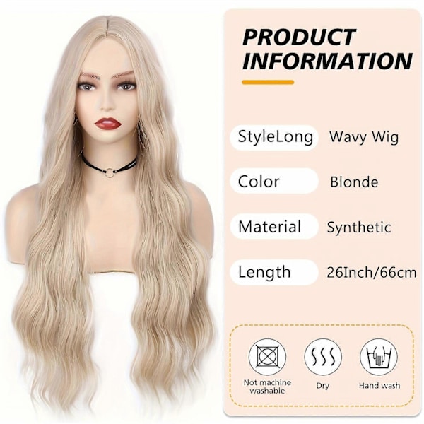 Lång Blond Peruk Vågig Syntetisk Peruk Platinablond Peruk Mittbena Naturlig Blond Peruk Peruker för Vita Kvinnor