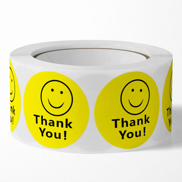 #500 stk. Forseglede Tema Stickers - Tak Emoji Smiley, Gaveetiket#