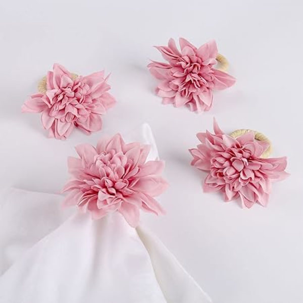 Håndlavede Blomster Servietringe Sæt af 6, Kunstige Pink Dahlia Servietringe