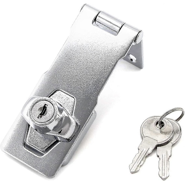 Haspelås, hængelås med nøgler og skruer til port, skur, garageport, 4\" / 10 cm, kromfinish, 1 stk.