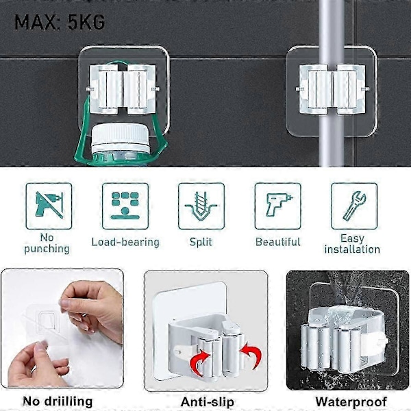 4 stk. kostholder, selvklebende moppholder, ingen boring, veggmontert holder for kjøkken, bad, garasje, hageoppbevaring