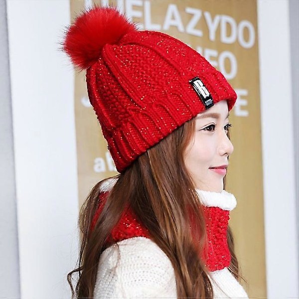 Dam Mössa Hatt Pom Pom Toffs Halsduk Set Stickad Vinter Varm Snö Sk