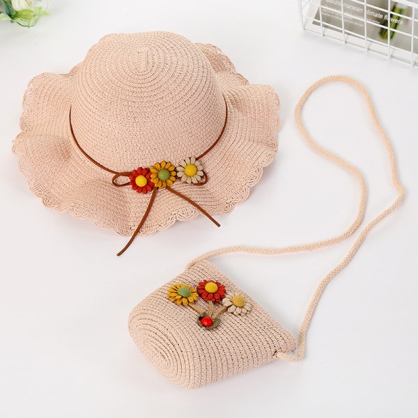 #Pige Strawhatte Sol og Lille Taske Sæt med Blomster Dekoration Anti-UV Sommerhat til Børn Strand Rejse Vandreture 3-7 År#