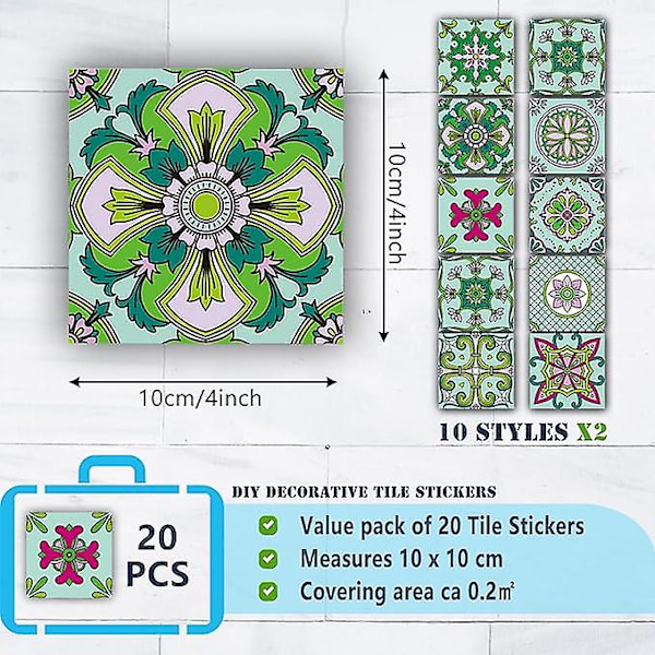 20 Stycken Kökskakeldekaler Självhäftande Väggkakel Badrumsdekaler Väggdekoration PVC Vattentät Mosaik Retrostil (10x10cm, Grön)