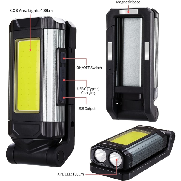 Laddningsbar LED-arbetslampa, COB-områdeslampa med magnetisk bas, Po