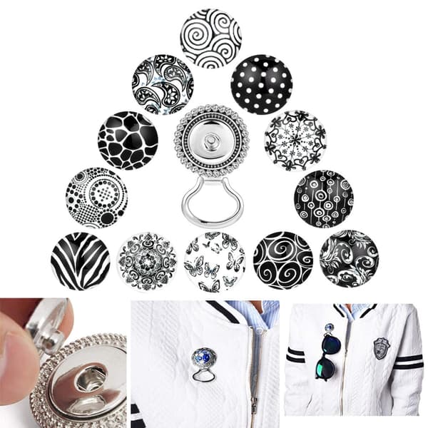 13 stk. (Diamantbrosche + 12 Sort-Hvide Mønsterknapper) Magn