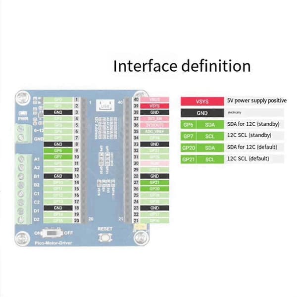Udvidelseskort til Raspberry Pico med 4-vejs DC-motorinterface/5V reguleret/I2C-motordriver