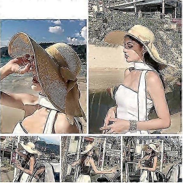 Dame 5,5 tommer Stor Sløjfe Stråhat Stor Floppy Foldbar Rul op Strandhat Solhat UPF 50+