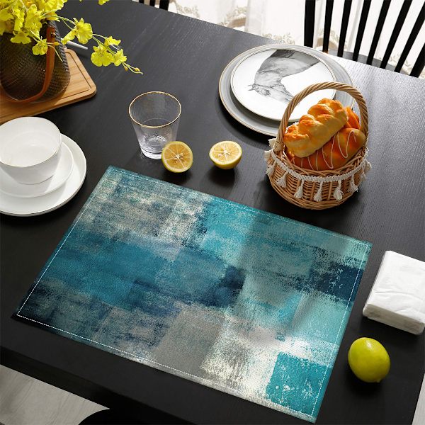 #Sæt af 4 Moderne Kunst Bordskånere Turkis og Grå Kaffe Bordskånere Abstrakt Kunstmaleri Stof og Linned Bordskånere Farverige Bordskånere til Køkken#
