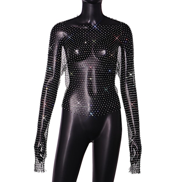 Rhinestone Mesh Body Chains Tanktoppe, Glitrende Krystal Bikini Croptoppe Fiskenet Bikini Cover up Rhinestone Top Body Smykker til Kvinder L