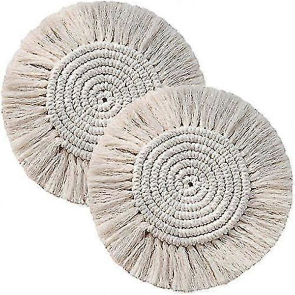 Håndlagde Makramé Brikker, Runde Duske Brikker for Drikke, Absorberende Varme- og Vannbestandig Gjenbrukbar Holdbar Skåler Bar (Beige, 2 stk) 15*15cm