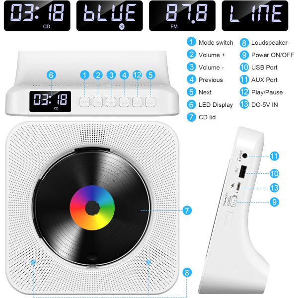 Hvid - Desktop CD-afspiller med Bluetooth Gueray vægmonteret CD