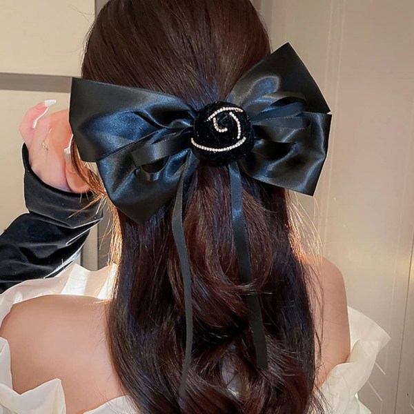 /#/Black Silk Satin Women's Hair Clip Large Bowknot Flower Hair/#/