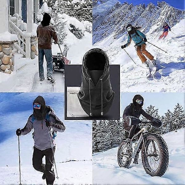 Multifunksjonell Vinter Fleece Balaclava Lue + Skjerf + Halsvarmer for Menn og Kvinner Klær for Ekstrem Kulde, Svart, One Size