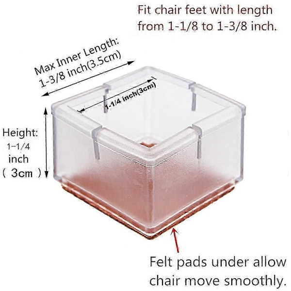 16 st Transparenta Fyrkantiga Stolsbensskydd för Trägolv Silikon Möbel Stolsbensskydd med Filtkuddar passar (3.0-3.5cm)