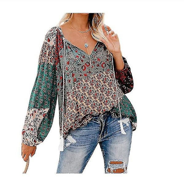 Dam Blommig Boho V-ringad Långärmad Lös Tunika Blus Skjortor