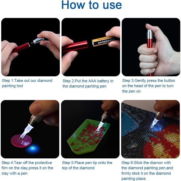Punainen DIY-timanttimaalauskynä valolla, 5D timanttimaalaus LED