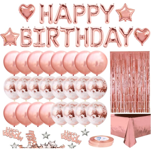 Syntymäpäivän vaaleanpunainen ilmapallosarja Happy Birthday Garland, ruusukultapöytä