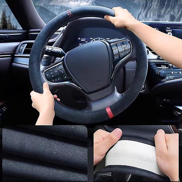 Rattöverdrag för bil, Fina rattöverdrag i mockaläder med mjuk Alcantara-känsla, Halkfritt och sportigt, Universalstorlek 38cm / 15tum (Svart)